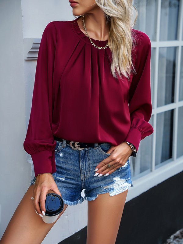New style women's elegant lace collar long - sleeved solid color top - Top